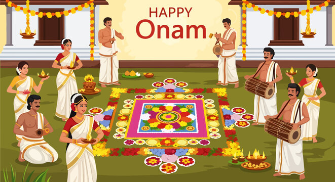Happy Onam Celebration in Kerala with Traditional People, Pookalam Flower Carpet, and Chenda Drums