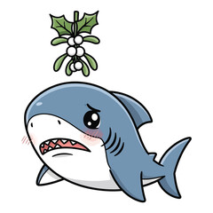 Obraz premium Cute shy shark under mistletoe illustration adorable vector design for winter seasonal celebration.