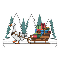 Fototapeta premium White goose pulling wooden sleigh loaded with bright wrapped packages in snowy winter forest.