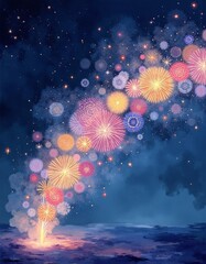 Colorful fantasy fireworks background on night sky illustration