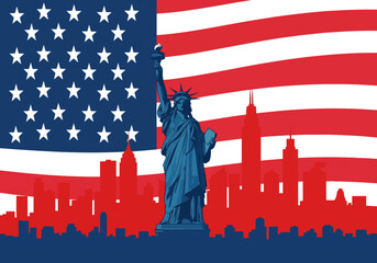 Naklejka premium Iconic New York City Skyline Silhouette with Statue of Liberty and American Flag Patriotism Symbolism
