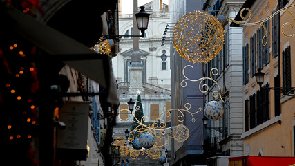 The Spanish steps in Rome Italy adorned with Christmas decorations.