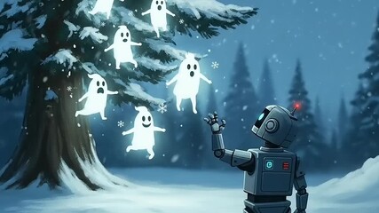 Robots Winter Encounter A Snowy Scene with Ghostly Figures.