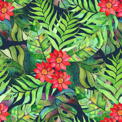 Watercolor tropical palm leaves with red flowers seamless pattern on blue background