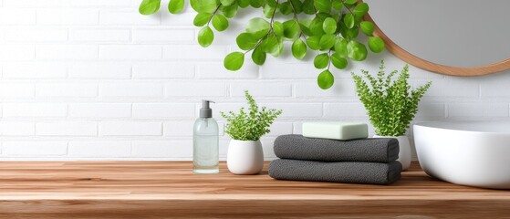 Elegant bathroom setting with natural decor, fresh towels, and skincare products arranged on wooden countertop