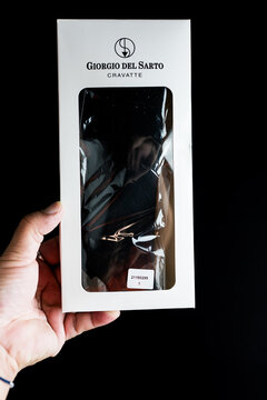 Bangkok, Thailand - December 22, 2025 : Giorgio del sarto cravatte, black necktie in box