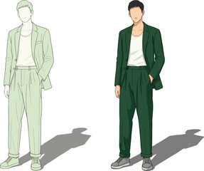 Full length vector illustration of a stylish young man wearing a modern green suit and white t-shirt outfit set