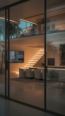 Architectural Elegance: A luxurious interior showcases modern design with glass elements, featuring a staircase illuminated by soft lighting.