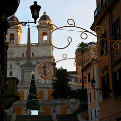 The Spanish steps in Rome Italy adorned with Christmas decorations.