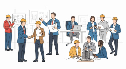 Diverse team of architects and engineers collaborating on a building project, reviewing blueprints and discussing models