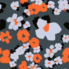 Seamless abstract floral pattern with textured painterly shapes, modern color palette, trendy design. Vector gray background