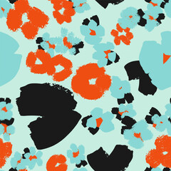 Seamless abstract floral pattern with textured painterly shapes, modern color palette, trendy design. Vector light teal background