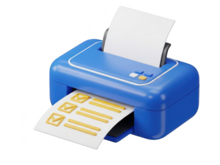 Blue portable printer with paper coming out, printing yellow labels on white sheet isolated on transparent background