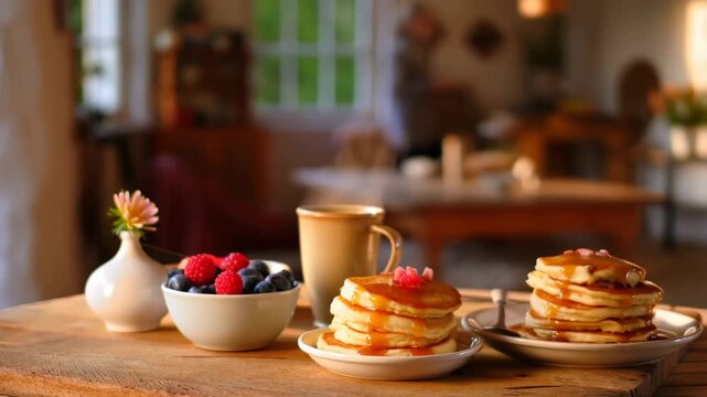 Delicious stack of fluffy pancakes with syrup, fresh berries, and a warm cup of coffee on a rustic wooden table. Perfect for a cozy breakfast experience