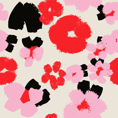 Seamless abstract floral pattern with textured painterly shapes, modern color palette, trendy design. Vector milky background