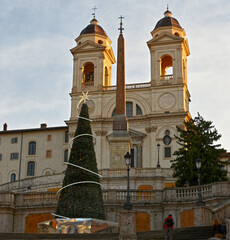 The Spanish steps in Rome Italy adorned with Christmas decorations.