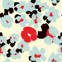 Seamless abstract floral pattern with textured painterly shapes, modern color palette, trendy design. Vector milky background