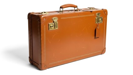 Classic vintage brown leather travel suitcase for vacation adventure journey isolated on white background