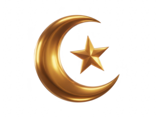 Golden crescent moon and star symbol isolated on transparent background for ramadan or islamic design