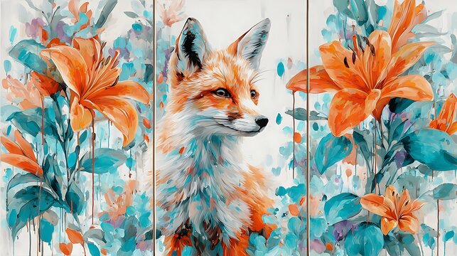 Orange fox surrounded by vibrant flowers and leaves on white background blue teal