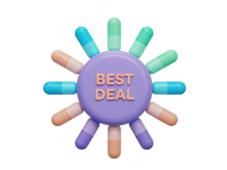Colorful 3d best deal sign with multicolored rays on transparent background