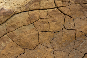 View of cracked earth displaying intricate patterns of fissures across the arid landscape, a testament to the region's dry climate, Shetpe, Mangystau Region, Kazakhstan.