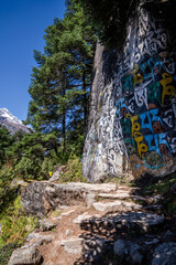 Painted stone with mantra "om mani padme hum" by the trekking route from Namche to Thame. 3 passes and Everest base camp trek, Khumbu, Nepal.