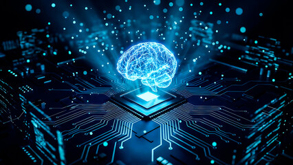 A dark background on human brain convert to artificial intelligence technology.
