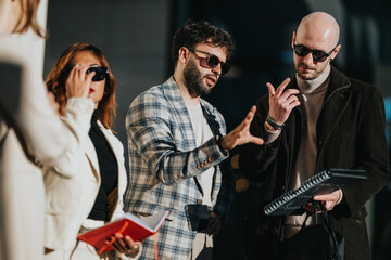 Three business people discuss ideas outdoors with notebooks and sunglasses. The group gestures and talks while reviewing notes.