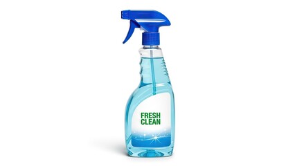 Blue spray bottle containing a cleaning product for fresh home hygiene isolated on white background