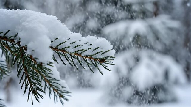 Snow covered pine branch in winter