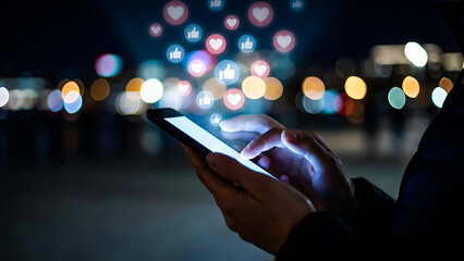 A woman scroll mobile phone at dark night, social icon emoji up wave .