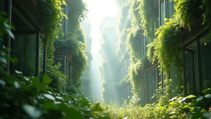 Fototapeta premium Green urban corridor with vertical garden walls, modern eco architecture covered with lush plants and foliage, sustainable building design with natural vegetation, sunlight illuminating pathway