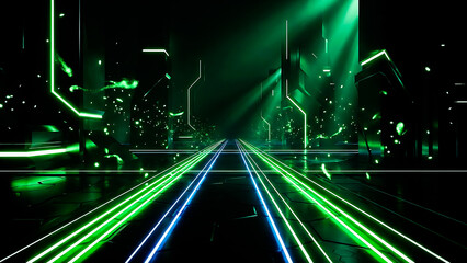 Futuristic Green Digital Landscape: Abstract Grid of Connections, Modern Technology-Inspired Background with Bright Green Glow, Dynamic Network Visualization for Tech and Innovation Background.