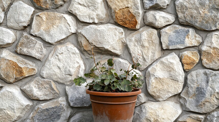 Potted Plant Against Rustic Stone Wall