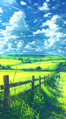 Fototapeta premium Anime Style Summer Landscape with Green Meadow, Wooden Fence, and Massive Cumulus Clouds in Blue Sky