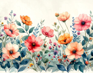 Seamless border made of watercolor wildflowers and leaves, wedding and greeting illus 