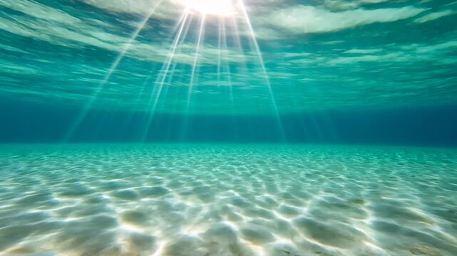 Tranquil underwater scene with sunrays casting patterns on sandy ocean floor