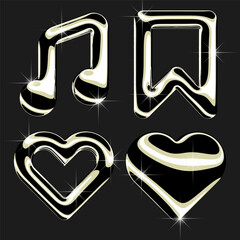 Set of Music app, media player icons in Gold, Chrome 3d illustration.