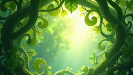 Tropical rainforest foliage with sunlight beaming through leaves, lush green jungle plants with soft light rays, misty forest atmosphere with vibrant vegetation frame