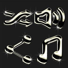 Set of Music app, media player icons in Gold, Chrome 3d illustration.