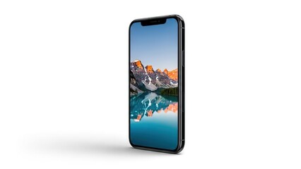 Contemporary mobile smartphone showing scenic nature wallpaper isolated on white background for technology concepts