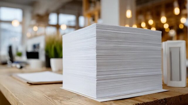 Piles of Paper on Desk: A neat stack of pristine paper, sitting on a wooden desk, symbolizing the administrative side of a modern office environment.