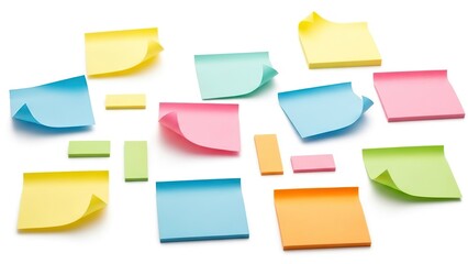 Colorful blank sticky notes scattered for brainstorming ideas important reminders isolated on white background