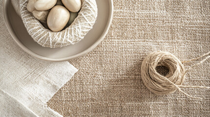 Beige Linen Fabric Flat Lay with Craft Elements