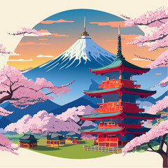Fototapeta premium Scenic View of Japanese Temple with Mount Fuji and Sakura