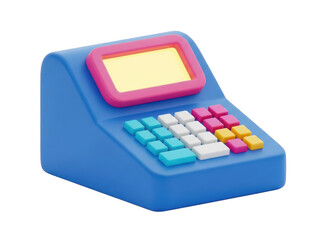 Colorful toy cash register with buttons and screen isolated on transparent background for kids