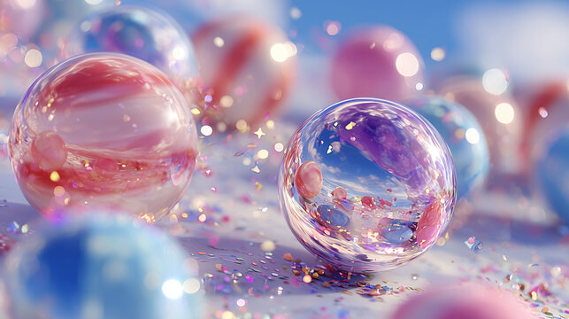 Floating pastel party orbs with soft reflections and candy pop festive aesthetic