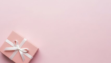 A beautifully wrapped pink gift box with a delicate white ribbon bow, presented on a soft pastel background, perfect for celebrations