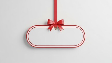 A blank white oval sign with a prominent red border and a decorative red bow hanging against a clean white wall, perfect for custom messages